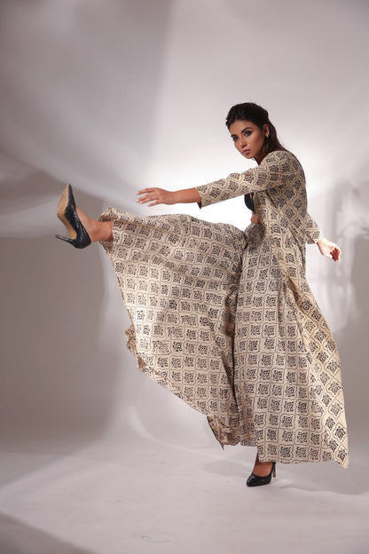 Block Printed Cape With Pants by Keva with Beige, Black, Block Prints, Cape, Co-ord Sets, Cotton, Natural, Office, Office Wear Co-ords, Printed Selfsame, Relaxed Fit, Resort Wear, Womenswear, Zima at Kamakhyaa for sustainable fashion