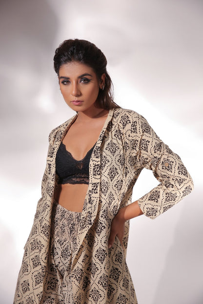 Block Printed Cape With Pants by Keva with Beige, Black, Block Prints, Cape, Co-ord Sets, Cotton, Natural, Office, Office Wear Co-ords, Printed Selfsame, Relaxed Fit, Resort Wear, Womenswear, Zima at Kamakhyaa for sustainable fashion