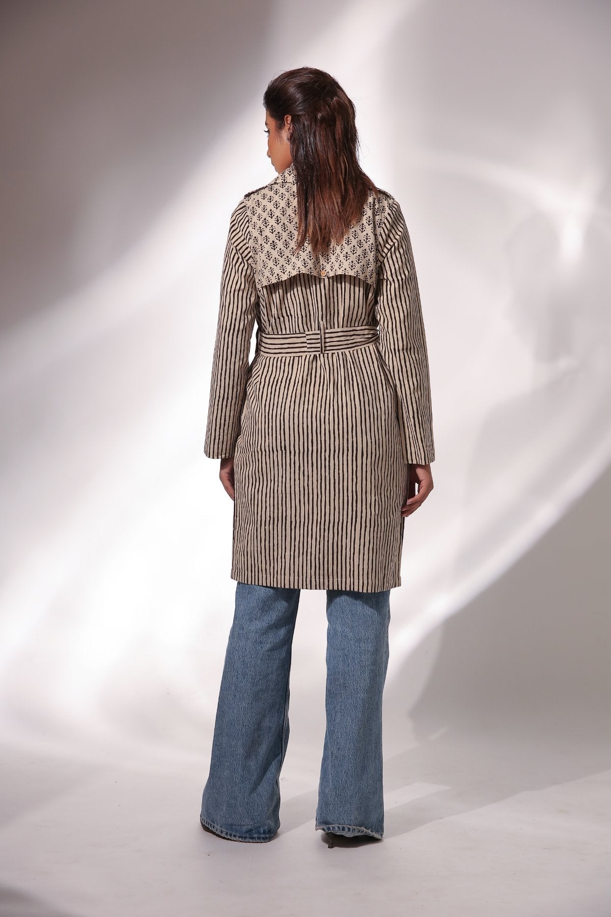 Beige Block Print Trench Coat with Belt by Keva with Beige, Black, Block Prints, Cotton, Natural, Relaxed Fit, Resort Wear, Stripes, Trench Coats, Womenswear, Zima at Kamakhyaa for sustainable fashion