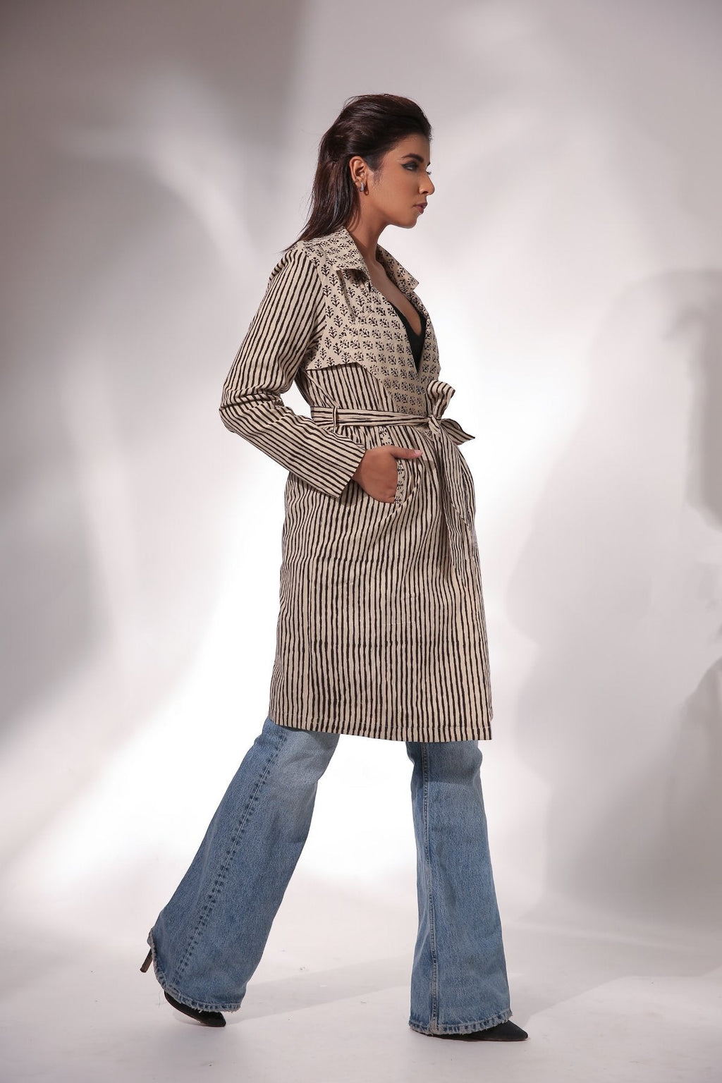 Beige Block Print Trench Coat with Belt by Keva with Beige, Black, Block Prints, Cotton, Natural, Relaxed Fit, Resort Wear, Stripes, Trench Coats, Womenswear, Zima at Kamakhyaa for sustainable fashion