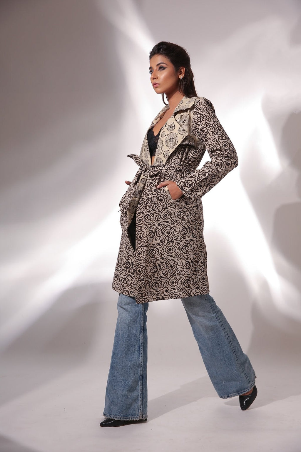 Spiral Hand Block Printed Trench Coat by Keva with Beige, Best Selling, Black, Block Prints, Cotton, Natural, Relaxed Fit, Resort Wear, Spirals, Trench Coats, Womenswear, Zima at Kamakhyaa for sustainable fashion