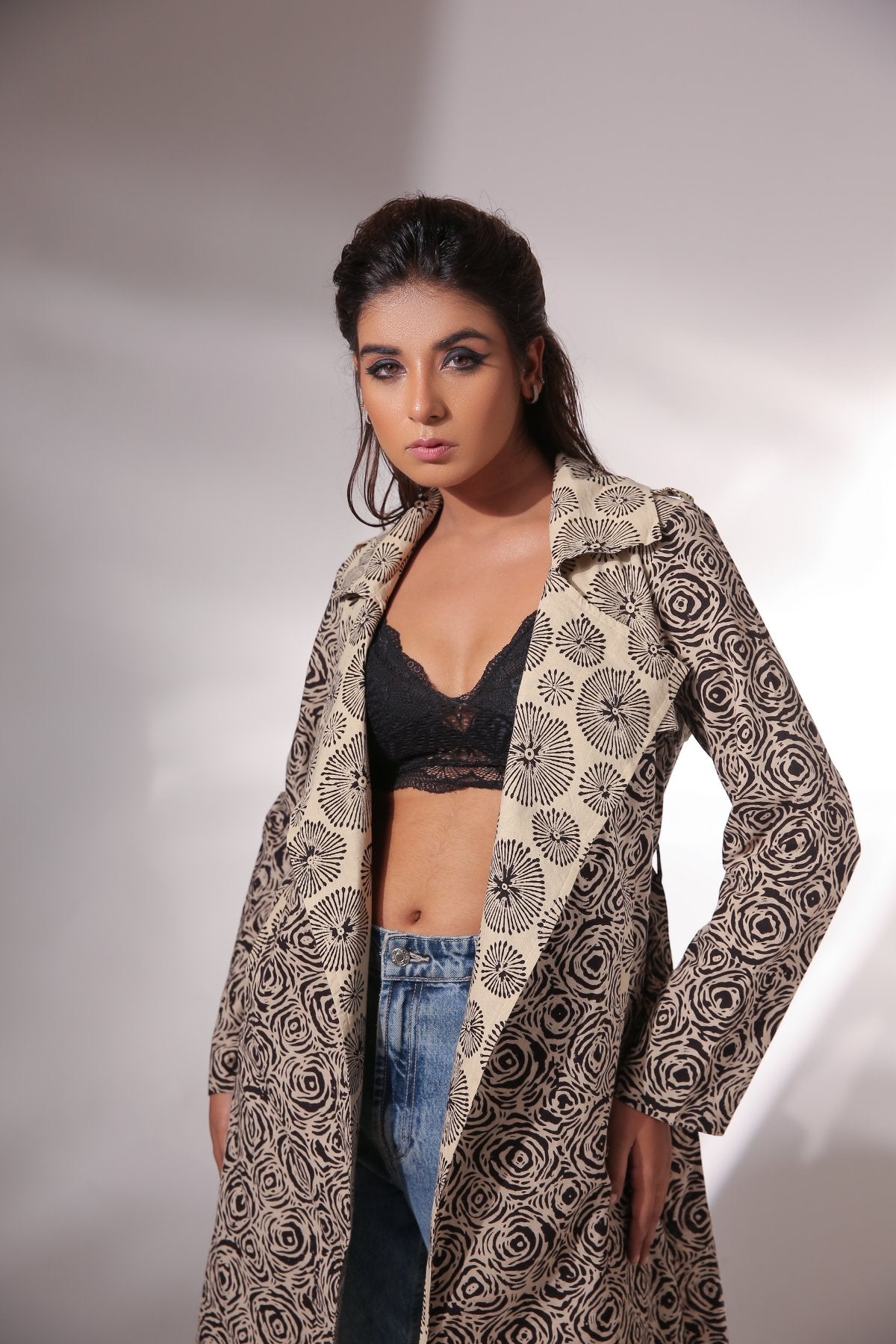 Spiral Hand Block Printed Trench Coat by Keva with Beige, Best Selling, Black, Block Prints, Cotton, Natural, Relaxed Fit, Resort Wear, Spirals, Trench Coats, Womenswear, Zima at Kamakhyaa for sustainable fashion