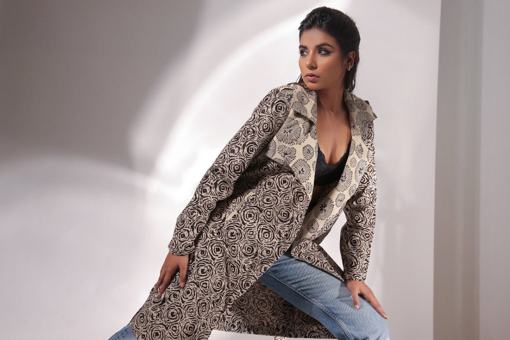Spiral Hand Block Printed Trench Coat by Keva with Beige, Best Selling, Black, Block Prints, Cotton, Natural, Relaxed Fit, Resort Wear, Spirals, Trench Coats, Womenswear, Zima at Kamakhyaa for sustainable fashion