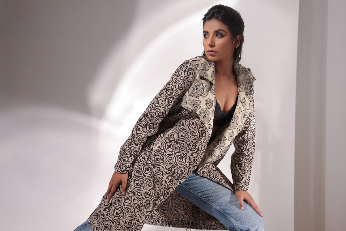 Spiral Hand Block Printed Trench Coat by Keva with Beige, Best Selling, Black, Block Prints, Cotton, Natural, Relaxed Fit, Resort Wear, Spirals, Trench Coats, Womenswear, Zima at Kamakhyaa for sustainable fashion