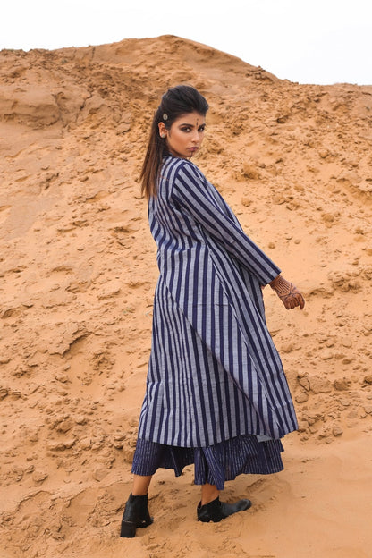 Deep Blue Striped Long Cape With Spagetti Dress - Set Of Two by Keva with Blue, Cape, Co-ord Sets, Cotton, Cotton Lurex, Desert Rose, Dress Sets, For Mother, For Mother W, Midi Dresses, Natural, Relaxed Fit, Resort Wear, Stripes, Womenswear at Kamakhyaa for sustainable fashion