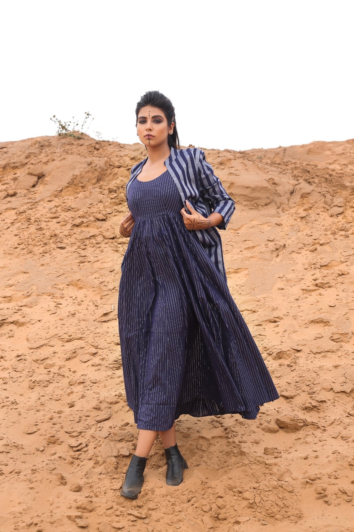 Deep Blue Striped Long Cape With Spagetti Dress - Set Of Two by Keva with Blue, Cape, Co-ord Sets, Cotton, Cotton Lurex, Desert Rose, Dress Sets, For Mother, For Mother W, Midi Dresses, Natural, Relaxed Fit, Resort Wear, Stripes, Womenswear at Kamakhyaa for sustainable fashion