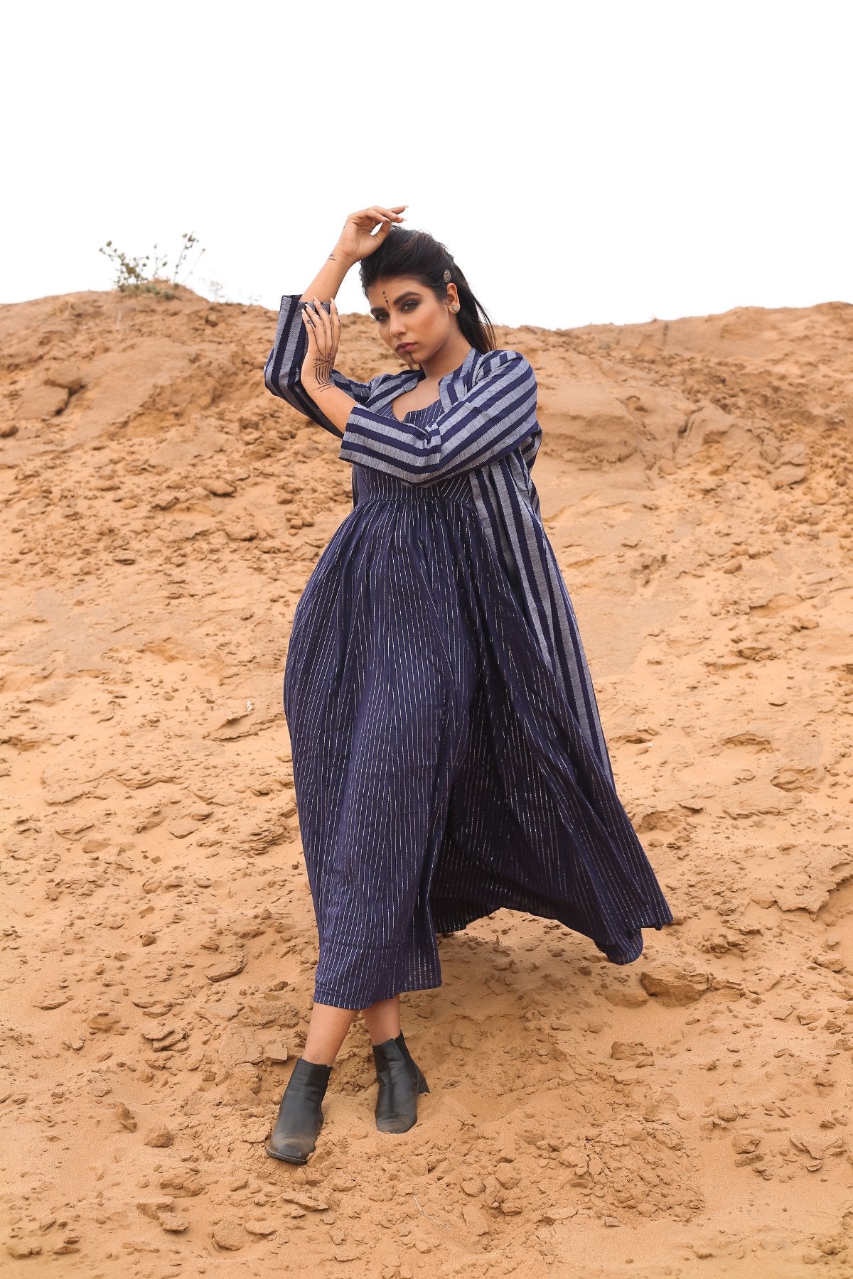 Deep Blue Striped Long Cape With Spagetti Dress - Set Of Two by Keva with Blue, Cape, Co-ord Sets, Cotton, Cotton Lurex, Desert Rose, Dress Sets, For Mother, For Mother W, Midi Dresses, Natural, Relaxed Fit, Resort Wear, Stripes, Womenswear at Kamakhyaa for sustainable fashion