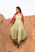 Red Striped Short Jacket With Spaghetti Dress - Set Of Two by Keva with Best Selling, Co-ord Sets, Cotton, Cotton Lurex, Desert Rose, Dress Sets, For Mother, For Mother W, Jackets, Midi Dresses, Natural, Red, Relaxed Fit, Resort Wear, Stripes, Womenswear at Kamakhyaa for sustainable fashion