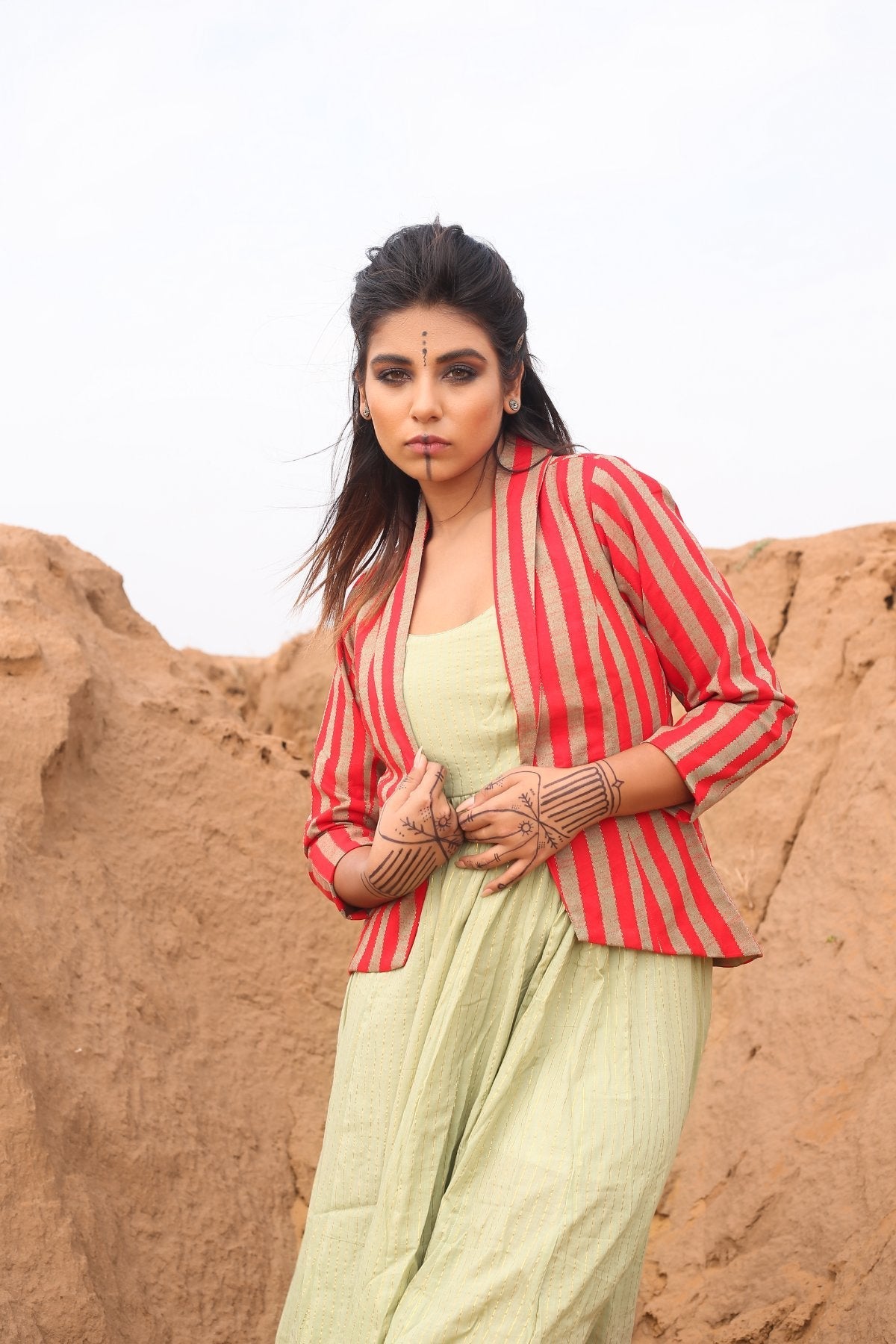 Red Striped Short Jacket With Spaghetti Dress - Set Of Two by Keva with Best Selling, Co-ord Sets, Cotton, Cotton Lurex, Desert Rose, Dress Sets, For Mother, For Mother W, Jackets, Midi Dresses, Natural, Red, Relaxed Fit, Resort Wear, Stripes, Womenswear at Kamakhyaa for sustainable fashion