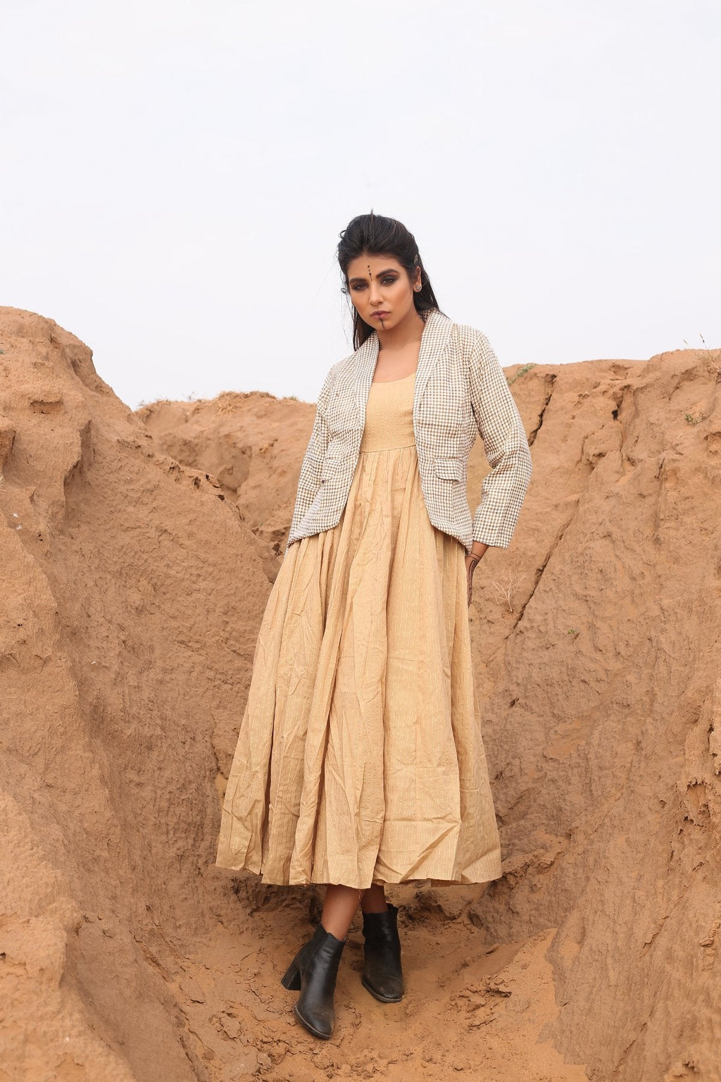 Brown Checkered Short Jacket With Spaghetti Dress - Set Of Two by Keva with Brown, Checks, Co-ord Sets, Cotton, Cotton Lurex, Desert Rose, Dress Sets, fall, For Mother, For Mother W, Jackets, Midi Dresses, Natural, Relaxed Fit, Resort Wear, Womenswear at Kamakhyaa for sustainable fashion