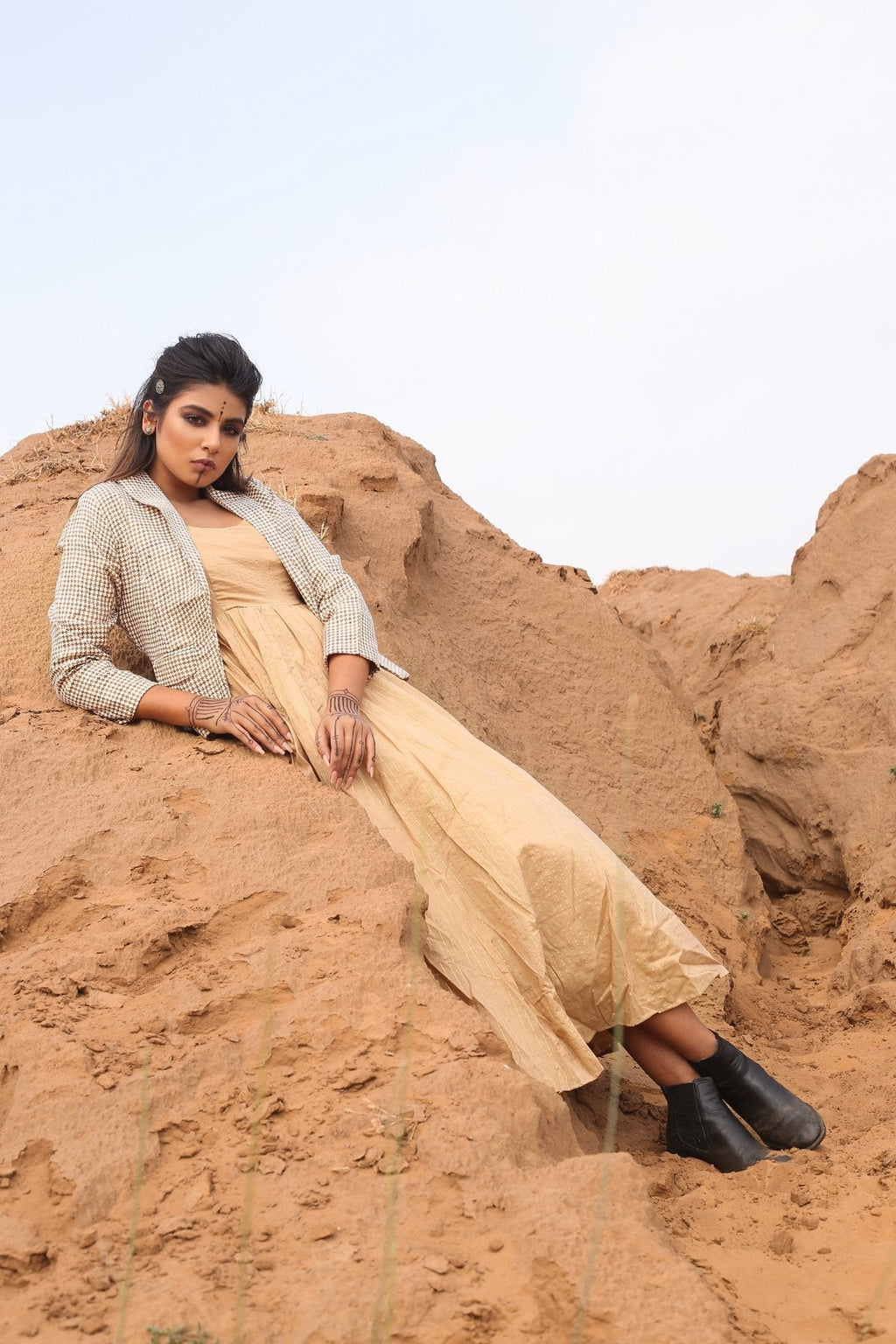 Brown Checkered Short Jacket With Spaghetti Dress - Set Of Two by Keva with Brown, Checks, Co-ord Sets, Cotton, Cotton Lurex, Desert Rose, Dress Sets, fall, For Mother, For Mother W, Jackets, Midi Dresses, Natural, Relaxed Fit, Resort Wear, Womenswear at Kamakhyaa for sustainable fashion