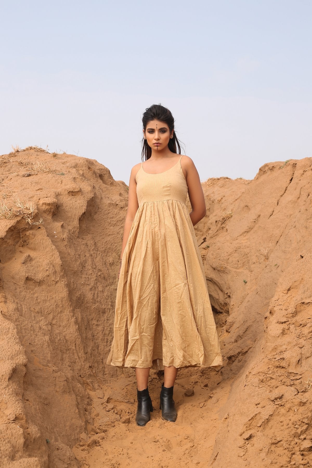 Brown Checkered Short Jacket With Spaghetti Dress - Set Of Two by Keva with Brown, Checks, Co-ord Sets, Cotton, Cotton Lurex, Desert Rose, Dress Sets, fall, For Mother, For Mother W, Jackets, Midi Dresses, Natural, Relaxed Fit, Resort Wear, Womenswear at Kamakhyaa for sustainable fashion