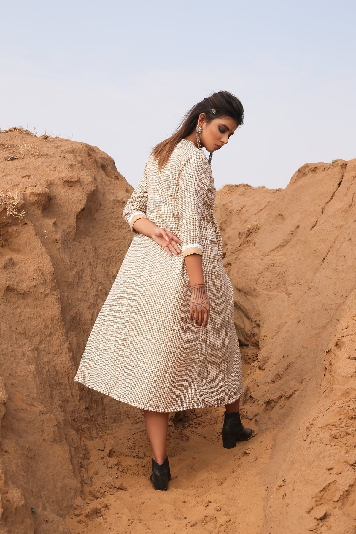 Brown Chekered Calf Length Dress With Inner - Set Of Two by Keva with Brown, Checks, Cotton, Cotton Lurex, Desert Rose, fall, Midi Dresses, Natural, Relaxed Fit, Resort Wear, Womenswear at Kamakhyaa for sustainable fashion