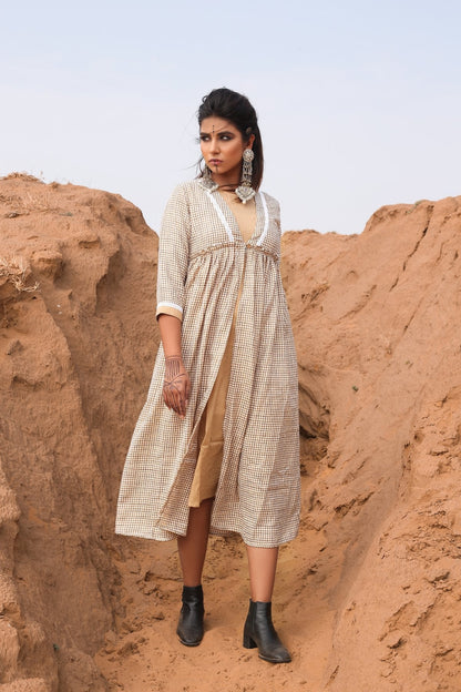 Brown Chekered Calf Length Dress With Inner - Set Of Two by Keva with Brown, Checks, Cotton, Cotton Lurex, Desert Rose, fall, Midi Dresses, Natural, Relaxed Fit, Resort Wear, Womenswear at Kamakhyaa for sustainable fashion