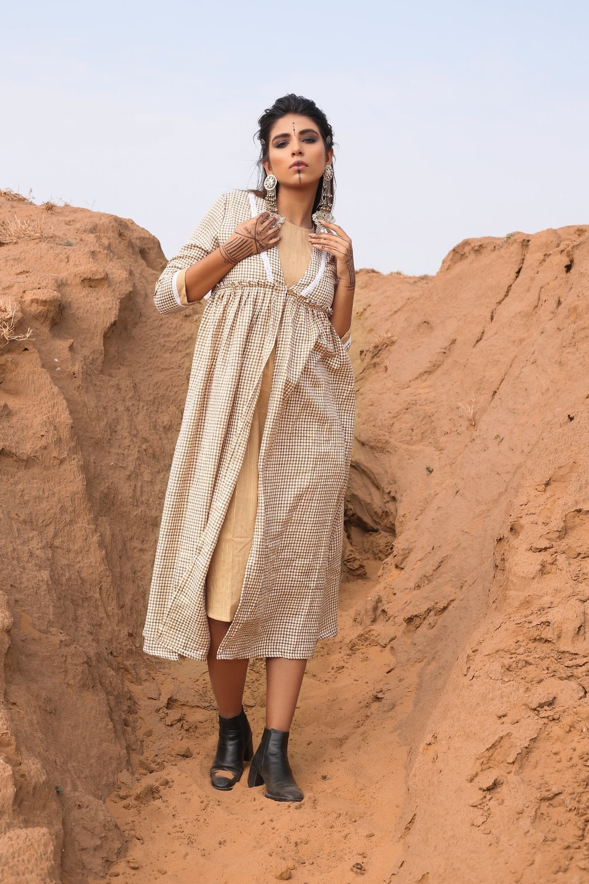 Brown Chekered Calf Length Dress With Inner - Set Of Two by Keva with Brown, Checks, Cotton, Cotton Lurex, Desert Rose, fall, Midi Dresses, Natural, Relaxed Fit, Resort Wear, Womenswear at Kamakhyaa for sustainable fashion