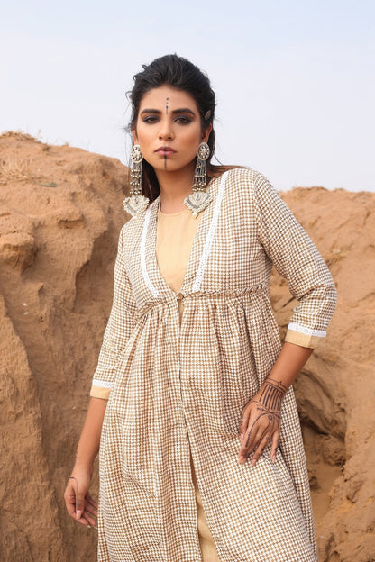 Brown Chekered Calf Length Dress With Inner - Set Of Two by Keva with Brown, Checks, Cotton, Cotton Lurex, Desert Rose, fall, Midi Dresses, Natural, Relaxed Fit, Resort Wear, Womenswear at Kamakhyaa for sustainable fashion