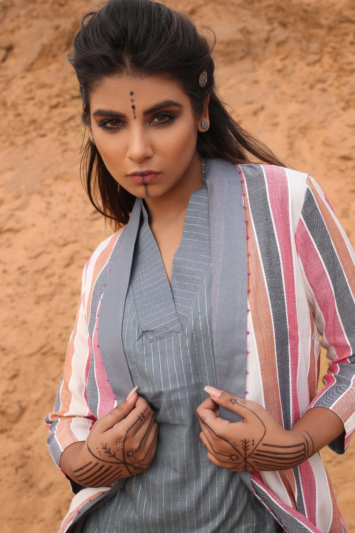 Multi-Color Striped Cape With Kurta And Pants - Set Of Three by Keva with Cape, Co-ord Sets, Cotton, Cotton Lurex, Desert Rose, Multicolor, Natural, Relaxed Fit, Resort Wear, Stripes, Travel, Travel Co-ords, Womenswear at Kamakhyaa for sustainable fashion
