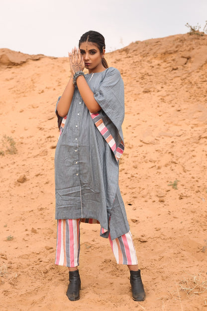 Kaftan With Multicolored Striped Pants - Set Of Two by Keva with Co-ord Sets, Cotton, Cotton Lurex, Desert Rose, Grey, Natural, Relaxed Fit, Resort Wear, Stripes, Travel, Travel Co-ords, Womenswear at Kamakhyaa for sustainable fashion