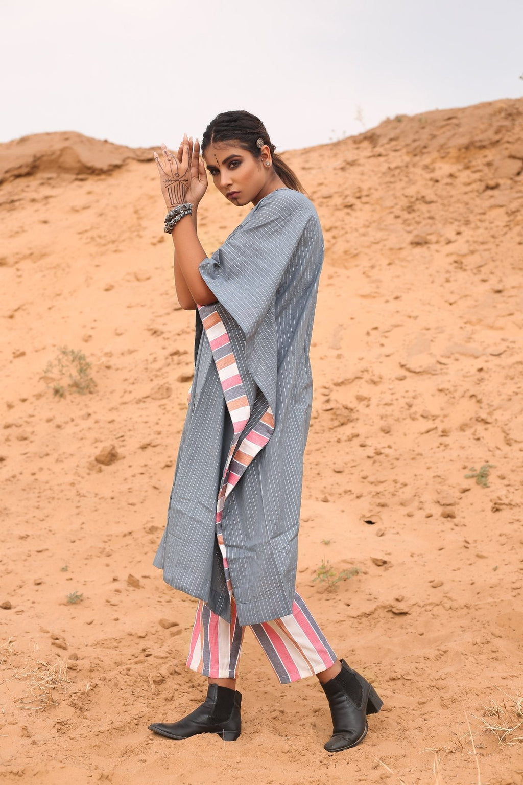 Kaftan With Multicolored Striped Pants - Set Of Two by Keva with Co-ord Sets, Cotton, Cotton Lurex, Desert Rose, Grey, Natural, Relaxed Fit, Resort Wear, Stripes, Travel, Travel Co-ords, Womenswear at Kamakhyaa for sustainable fashion