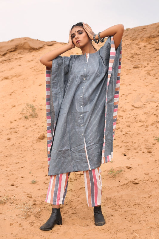 Kaftan With Multicolored Striped Pants - Set Of Two by Keva with Co-ord Sets, Cotton, Cotton Lurex, Desert Rose, Grey, Natural, Relaxed Fit, Resort Wear, Stripes, Travel, Travel Co-ords, Womenswear at Kamakhyaa for sustainable fashion