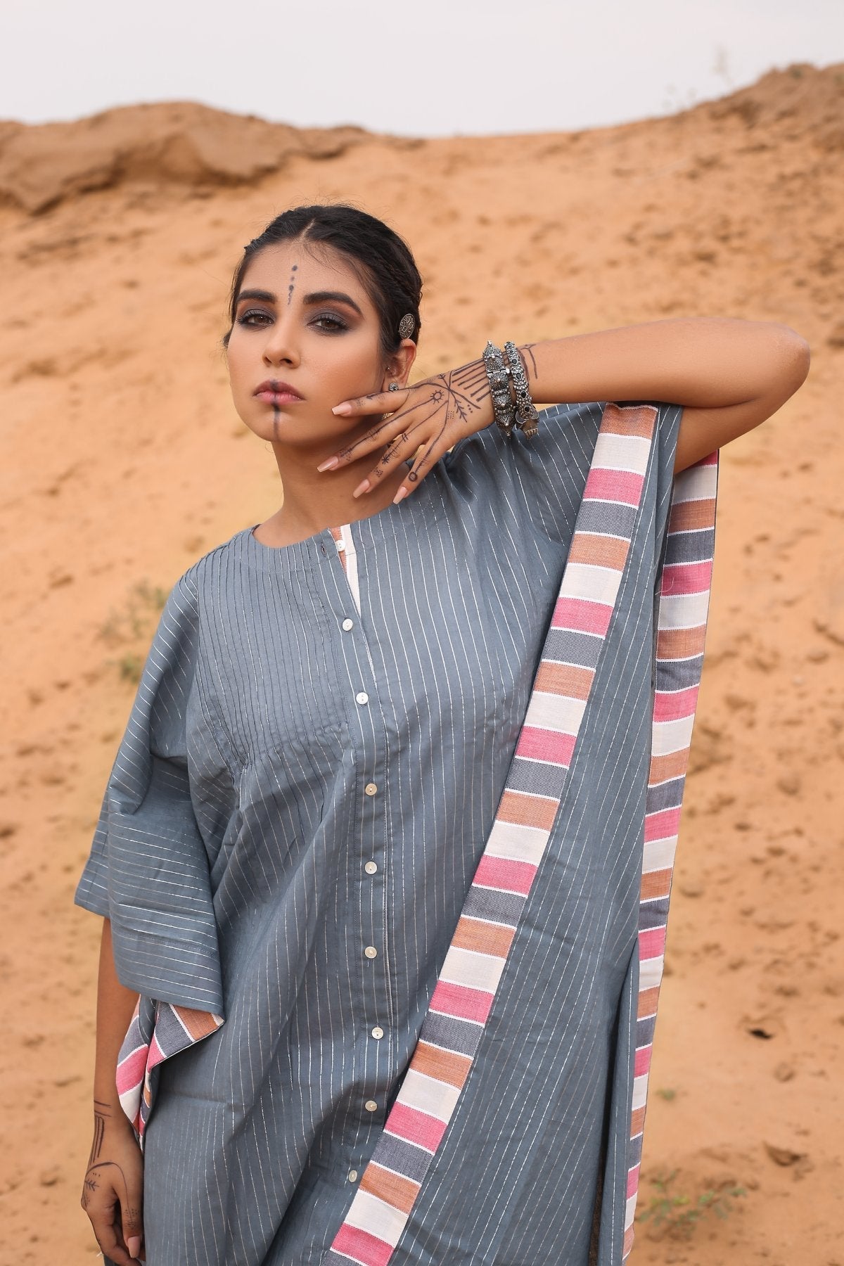 Kaftan With Multicolored Striped Pants - Set Of Two by Keva with Co-ord Sets, Cotton, Cotton Lurex, Desert Rose, Grey, Natural, Relaxed Fit, Resort Wear, Stripes, Travel, Travel Co-ords, Womenswear at Kamakhyaa for sustainable fashion