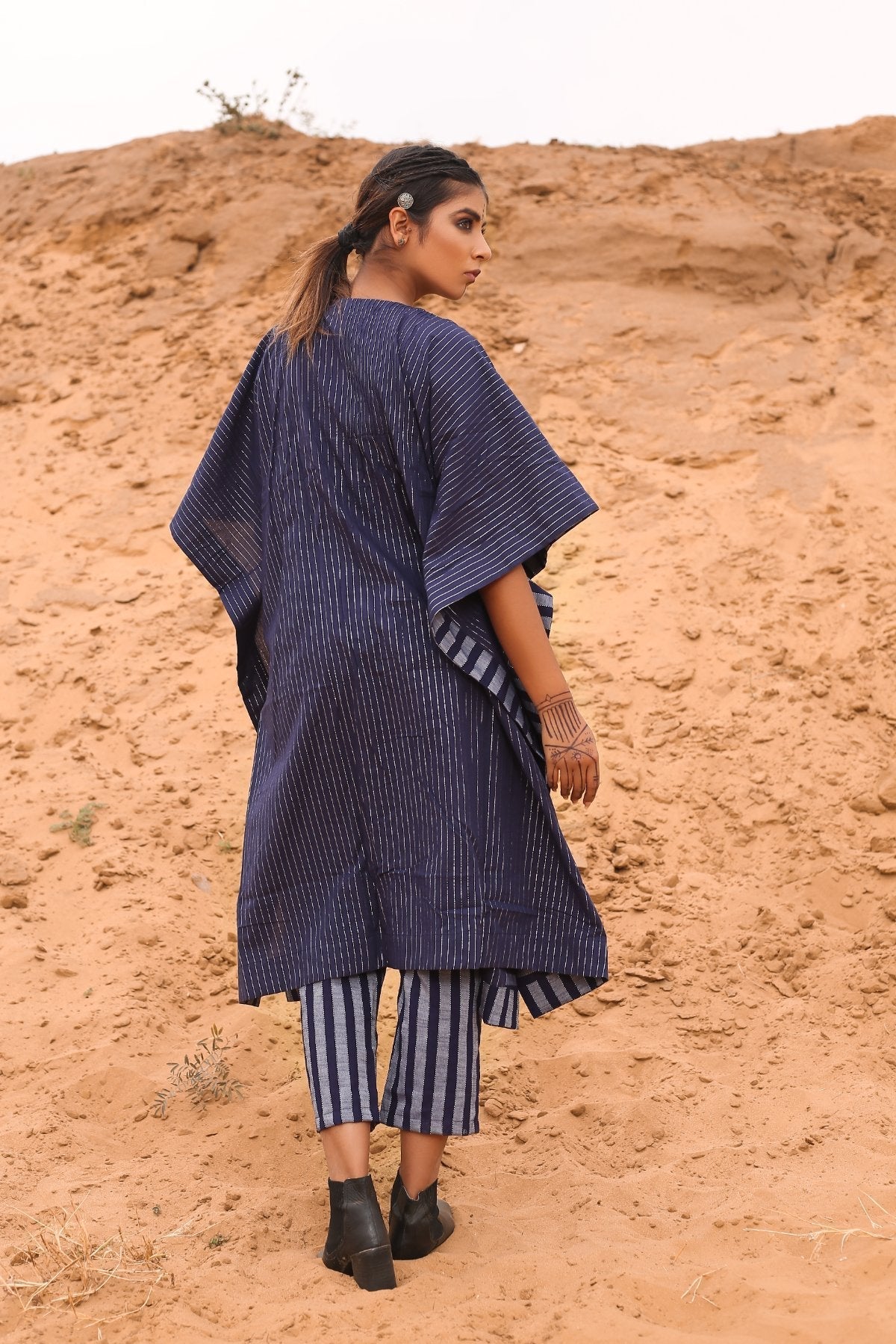 Kaftan With Deep Blue Striped Pants - Set Of Two by Keva with Blue, Co-ord Sets, Cotton, Cotton Lurex, Desert Rose, Natural, Relaxed Fit, Resort Wear, Stripes, Travel, Travel Co-ords, Womenswear at Kamakhyaa for sustainable fashion