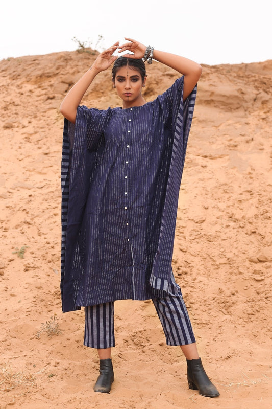 Kaftan With Deep Blue Striped Pants - Set Of Two Blue, Co-ord Sets, Cotton, Cotton Lurex, Desert Rose, Kaftans, Natural, Relaxed Fit, Resort Wear, Stripes, Trousers Kamakhyaa
