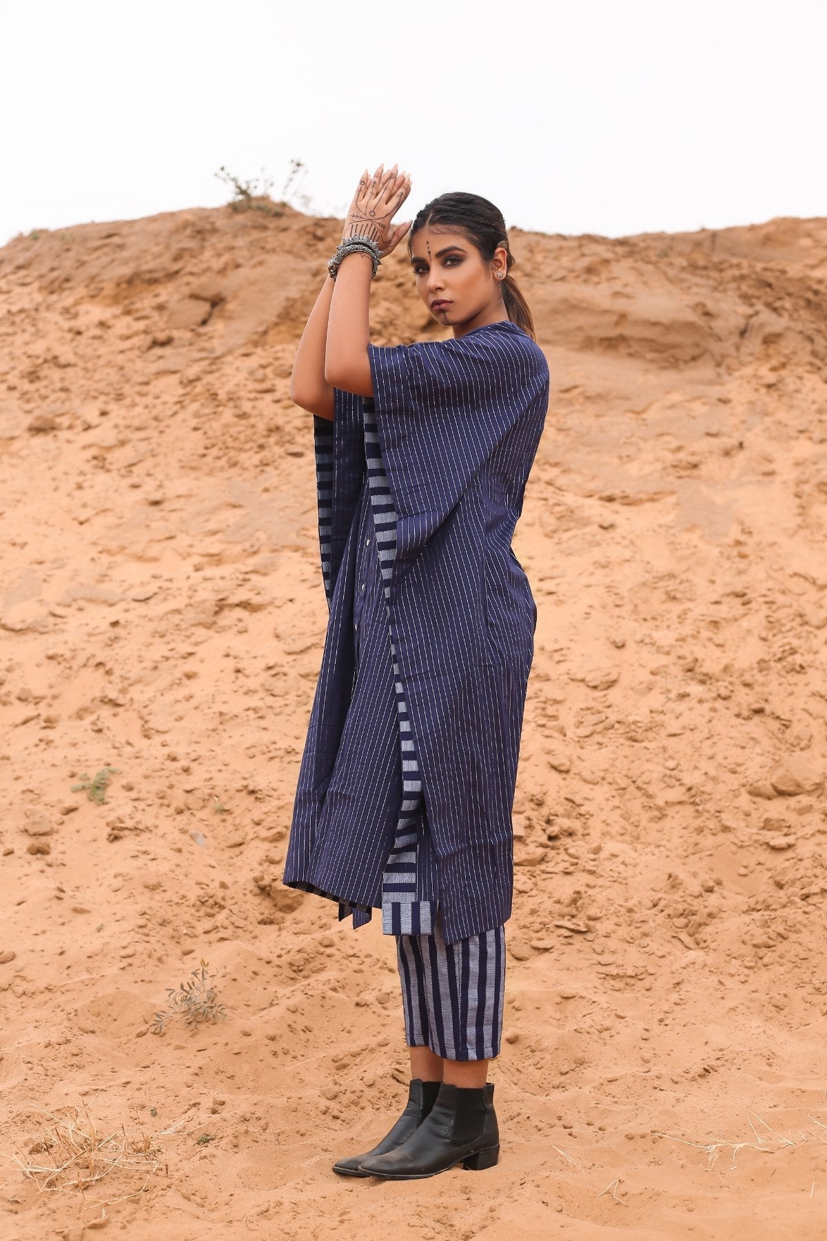 Kaftan With Deep Blue Striped Pants - Set Of Two by Keva with Blue, Co-ord Sets, Cotton, Cotton Lurex, Desert Rose, Natural, Relaxed Fit, Resort Wear, Stripes, Travel, Travel Co-ords, Womenswear at Kamakhyaa for sustainable fashion