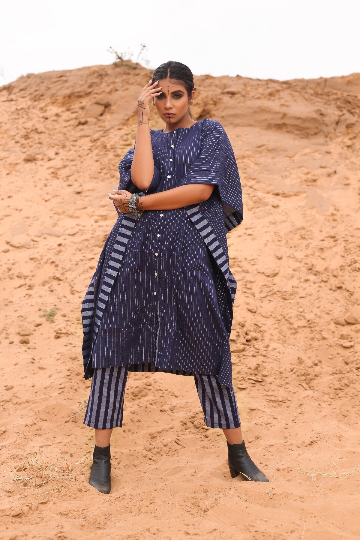 Kaftan With Deep Blue Striped Pants - Set Of Two by Keva with Blue, Co-ord Sets, Cotton, Cotton Lurex, Desert Rose, Natural, Relaxed Fit, Resort Wear, Stripes, Travel, Travel Co-ords, Womenswear at Kamakhyaa for sustainable fashion