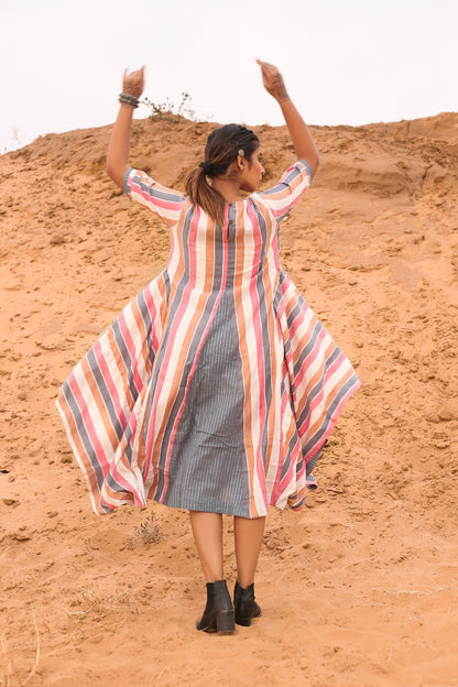 Multi-Colored Cowl Dress by Keva with Cotton, Desert Rose, Midi Dresses, Multicolor, Natural, Relaxed Fit, Resort Wear, Stripes, Womenswear at Kamakhyaa for sustainable fashion