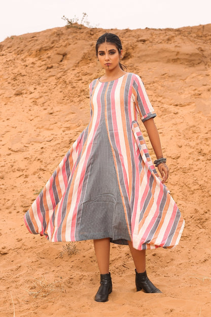 Multi-Colored Cowl Dress by Keva with Cotton, Desert Rose, Midi Dresses, Multicolor, Natural, Relaxed Fit, Resort Wear, Stripes, Womenswear at Kamakhyaa for sustainable fashion