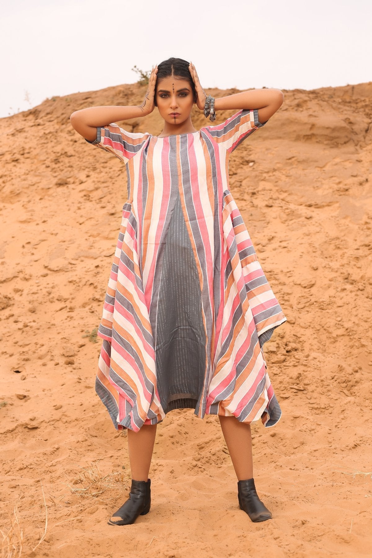 Multi-Colored Cowl Dress by Keva with Cotton, Desert Rose, Midi Dresses, Multicolor, Natural, Relaxed Fit, Resort Wear, Stripes, Womenswear at Kamakhyaa for sustainable fashion