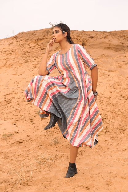 Multi-Colored Cowl Dress by Keva with Cotton, Desert Rose, Midi Dresses, Multicolor, Natural, Relaxed Fit, Resort Wear, Stripes, Womenswear at Kamakhyaa for sustainable fashion