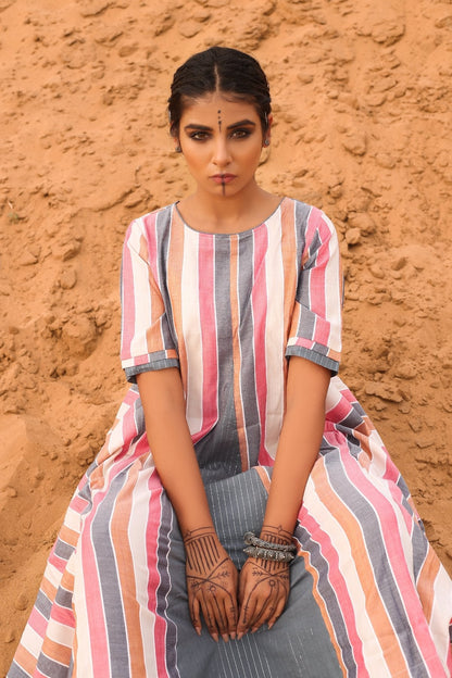 Multi-Colored Cowl Dress by Keva with Cotton, Desert Rose, Midi Dresses, Multicolor, Natural, Relaxed Fit, Resort Wear, Stripes, Womenswear at Kamakhyaa for sustainable fashion