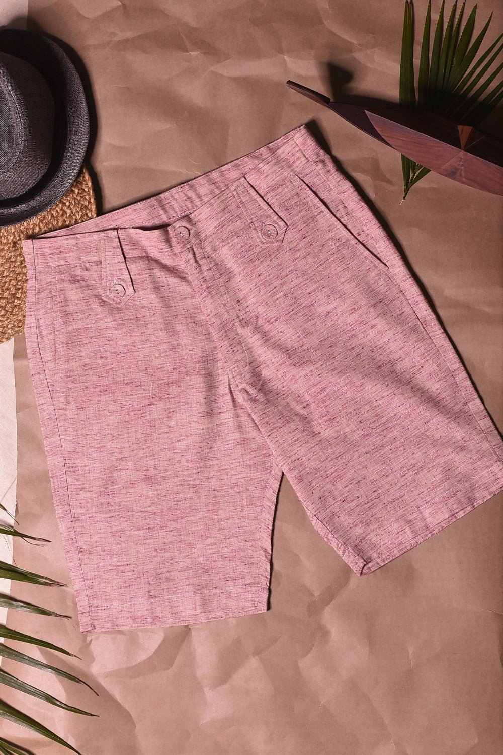 Pink Textured Pocket Shorts by Charkhee with Bottoms, Casual Wear, Cotton, Fitted at Waist, For Siblings, Less than $50, Mens Bottom, Menswear, Natural, Raspberry, Regular Fit, Shorts, Sun-dae by Charkhee, Textured at Kamakhyaa for sustainable fashion