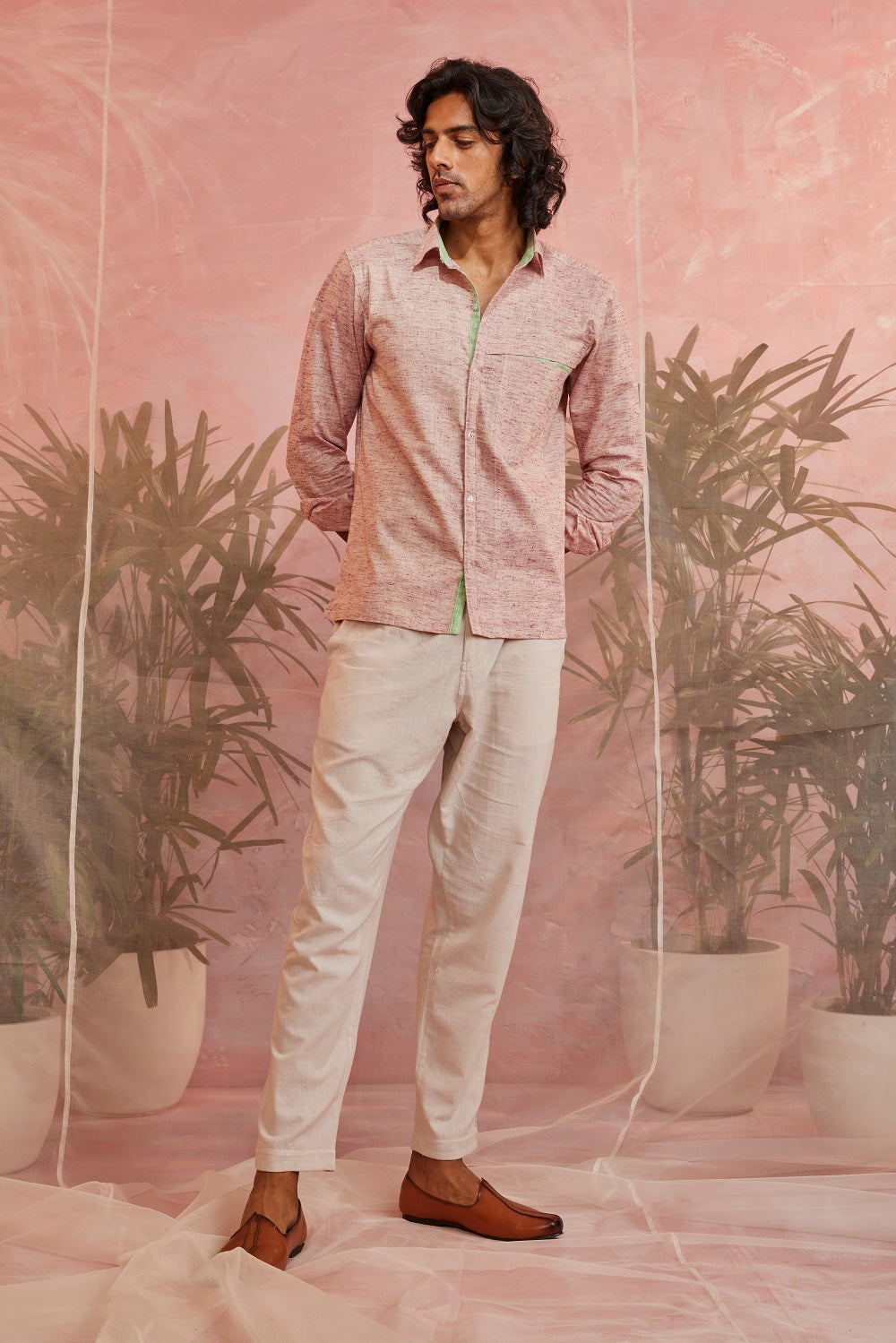Pink Textured Full Sleeve Shirt Menswear Cotton, Menswear, Natural, Raspberry, Regular Fit, Shirts, Charkhee Kamakhyaa