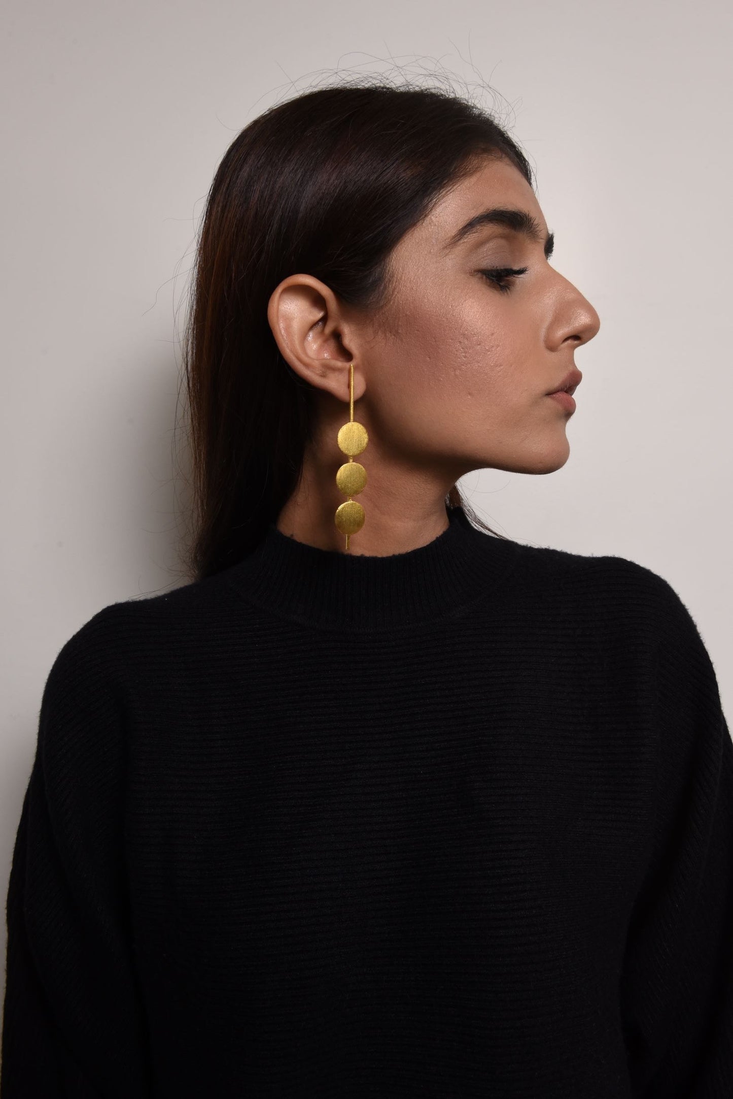 Gold Brass Earrings-One Two Three Golden by De'anma with Brass, Fashion Jewellery, Free Size, Gold, Gold Plated, Gold Plated Brass, jewelry, Long Earrings, Natural, Not Priced, Solids, Statement Jewellery at Kamakhyaa for sustainable fashion