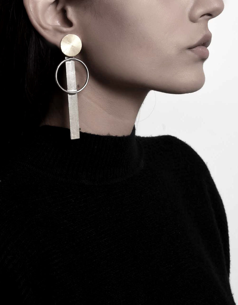Gold Silver Brass Earrings-Button-Up by De'anma with Brass, Fashion Jewellery, Free Size, Gold, Gold Plated, jewelry, Long Earrings, Natural, Silver, Silver Plated, Solids at Kamakhyaa for sustainable fashion