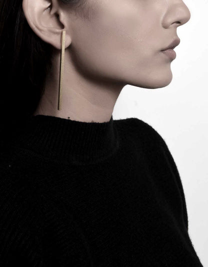 Gold Brass Earrings-Less Is More by De'anma with Brass, Fashion Jewellery, Free Size, Gold, Gold Plated, Gold Plated Brass, jewelry, Less than $50, Long Earrings, Natural, Solids at Kamakhyaa for sustainable fashion