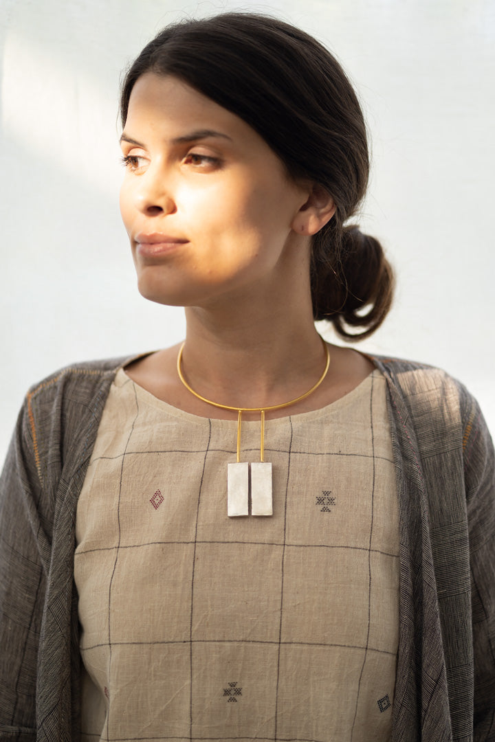 Gold Brass Necklaces-Twinning Tower by De'anma with Brass, Fashion Jewellery, Free Size, Gold, Gold Plated, Gold Plated Brass, jewelry, Natural, Necklaces, Solids, Statement Jewellery at Kamakhyaa for sustainable fashion