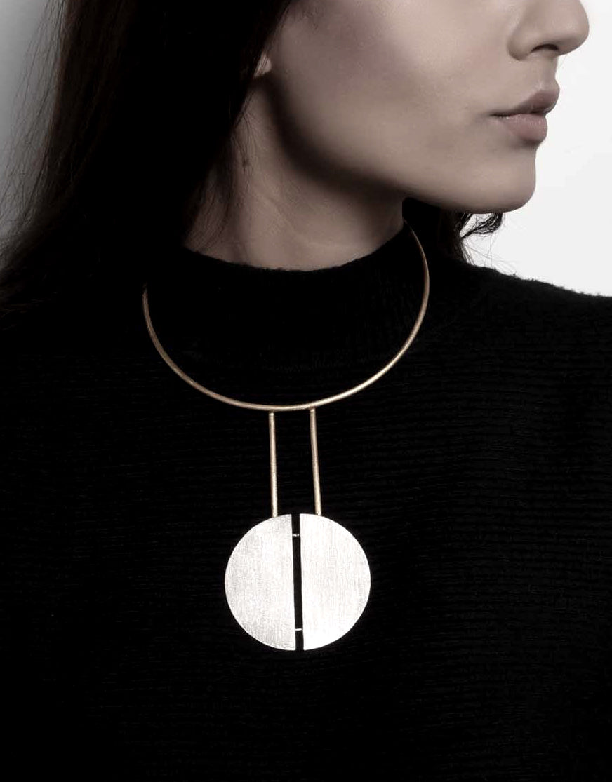Gold Silver Brass Necklace-Twinning Moon by De'anma with Brass, Fashion Jewellery, Free Size, Gold, Gold Plated, jewelry, Multicolor, Natural, Necklaces, Silver, Silver Plated, Solids, Statement Jewellery at Kamakhyaa for sustainable fashion