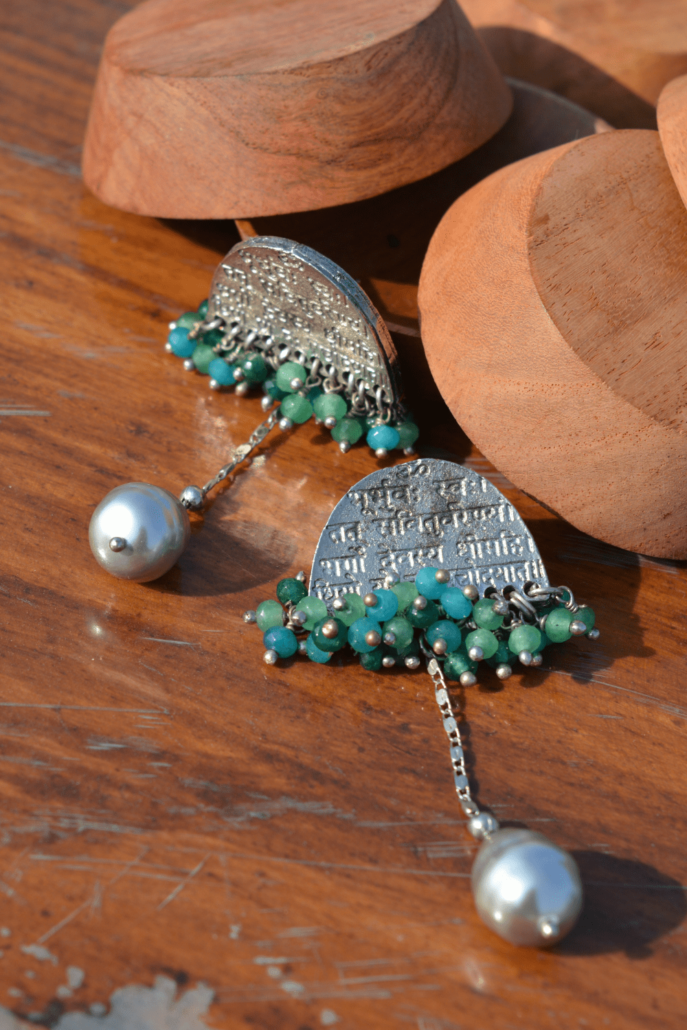 Yellow Long Earring Mantra Baroque by House Of Heer with Alloy Metal, Festive Jewellery, Festive Wear, Free Size, Gemstone, Green, jewelry, July Sale, July Sale 2023, Less than $50, Long Earrings, Natural, Pearl, Textured at Kamakhyaa for sustainable fashion
