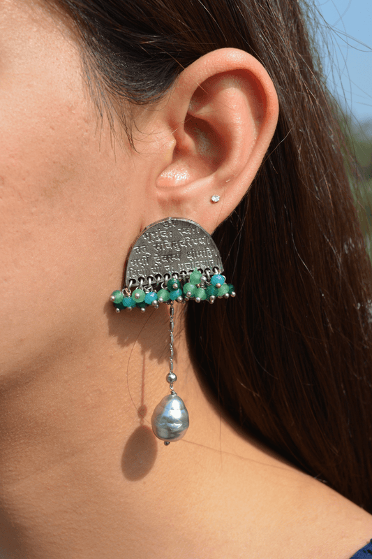 Yellow Long Earring Mantra Baroque by House Of Heer with Alloy Metal, Festive Jewellery, Festive Wear, Free Size, Gemstone, Green, jewelry, July Sale, July Sale 2023, Less than $50, Long Earrings, Natural, Pearl, Textured at Kamakhyaa for sustainable fashion