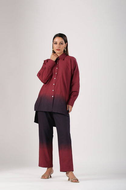 Maroon Ombre Co Ord Set by MOH-The Eternal Dhaga with 100% pure cotton, Cotton, Maroon, Moh-The eternal Dhaga, Multicolor, Natural, Office Wear, Office Wear Co-ords, Ombre and Dyes, Regular Fit, Womenswear at Kamakhyaa for sustainable fashion