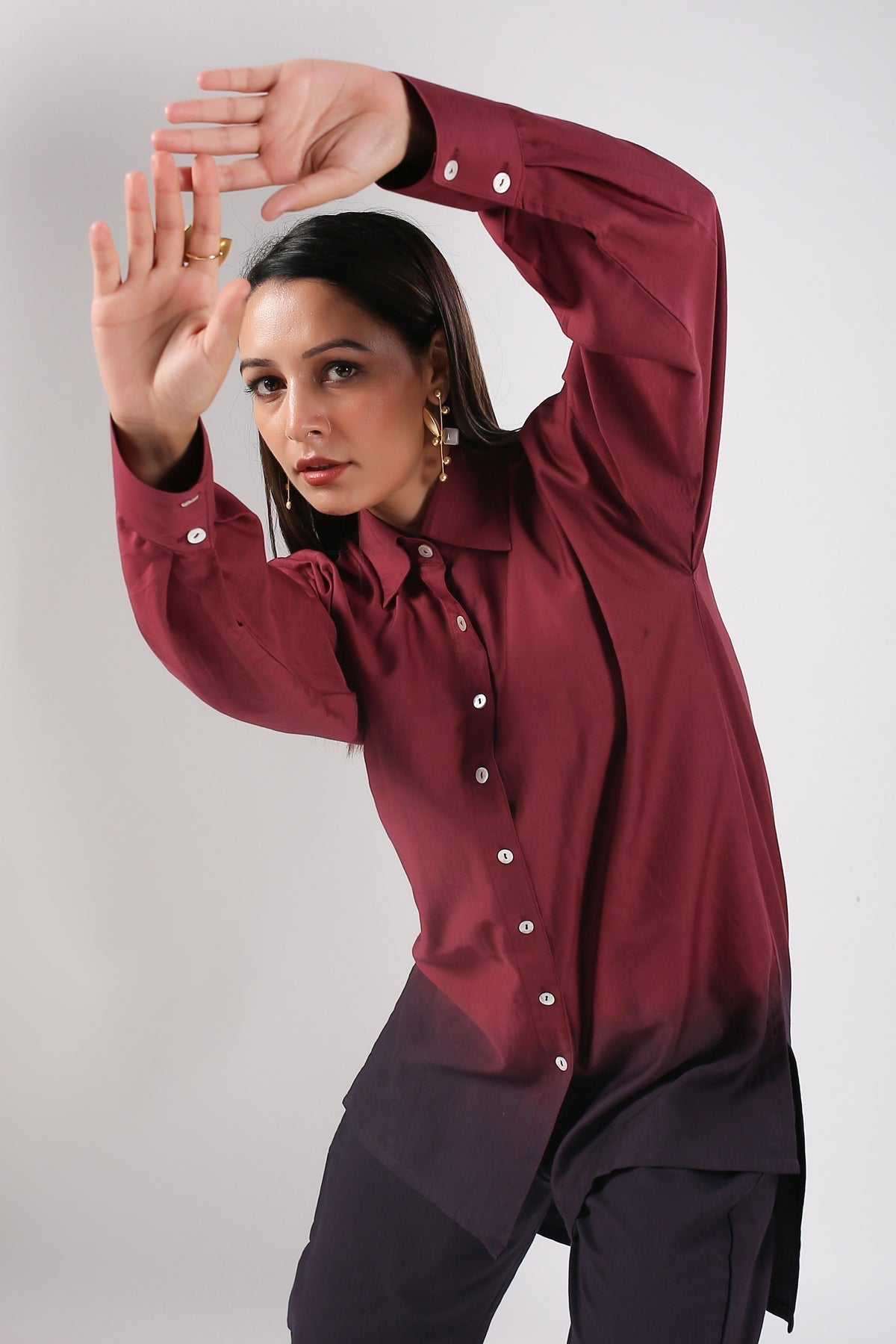 Maroon Ombre Co Ord Set by MOH-The Eternal Dhaga with 100% pure cotton, Cotton, Maroon, Moh-The eternal Dhaga, Multicolor, Natural, Office Wear, Office Wear Co-ords, Ombre and Dyes, Regular Fit, Womenswear at Kamakhyaa for sustainable fashion