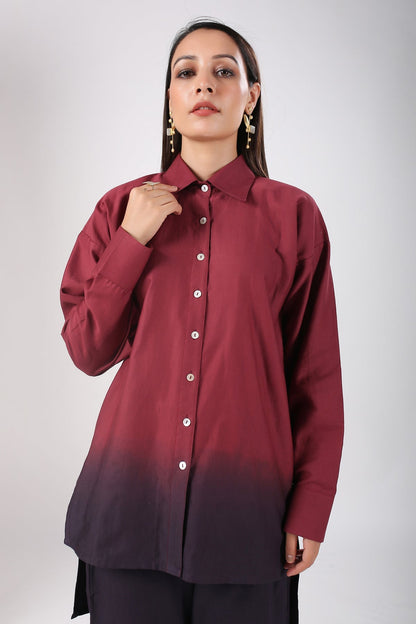 Maroon Ombre Co Ord Set by MOH-The Eternal Dhaga with 100% pure cotton, Cotton, Maroon, Moh-The eternal Dhaga, Multicolor, Natural, Office Wear, Office Wear Co-ords, Ombre and Dyes, Regular Fit, Womenswear at Kamakhyaa for sustainable fashion