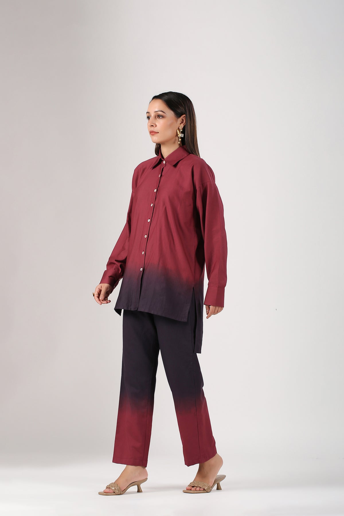 Maroon Ombre Co Ord Set by MOH-The Eternal Dhaga with 100% pure cotton, Cotton, Maroon, Moh-The eternal Dhaga, Multicolor, Natural, Office Wear, Office Wear Co-ords, Ombre and Dyes, Regular Fit, Womenswear at Kamakhyaa for sustainable fashion