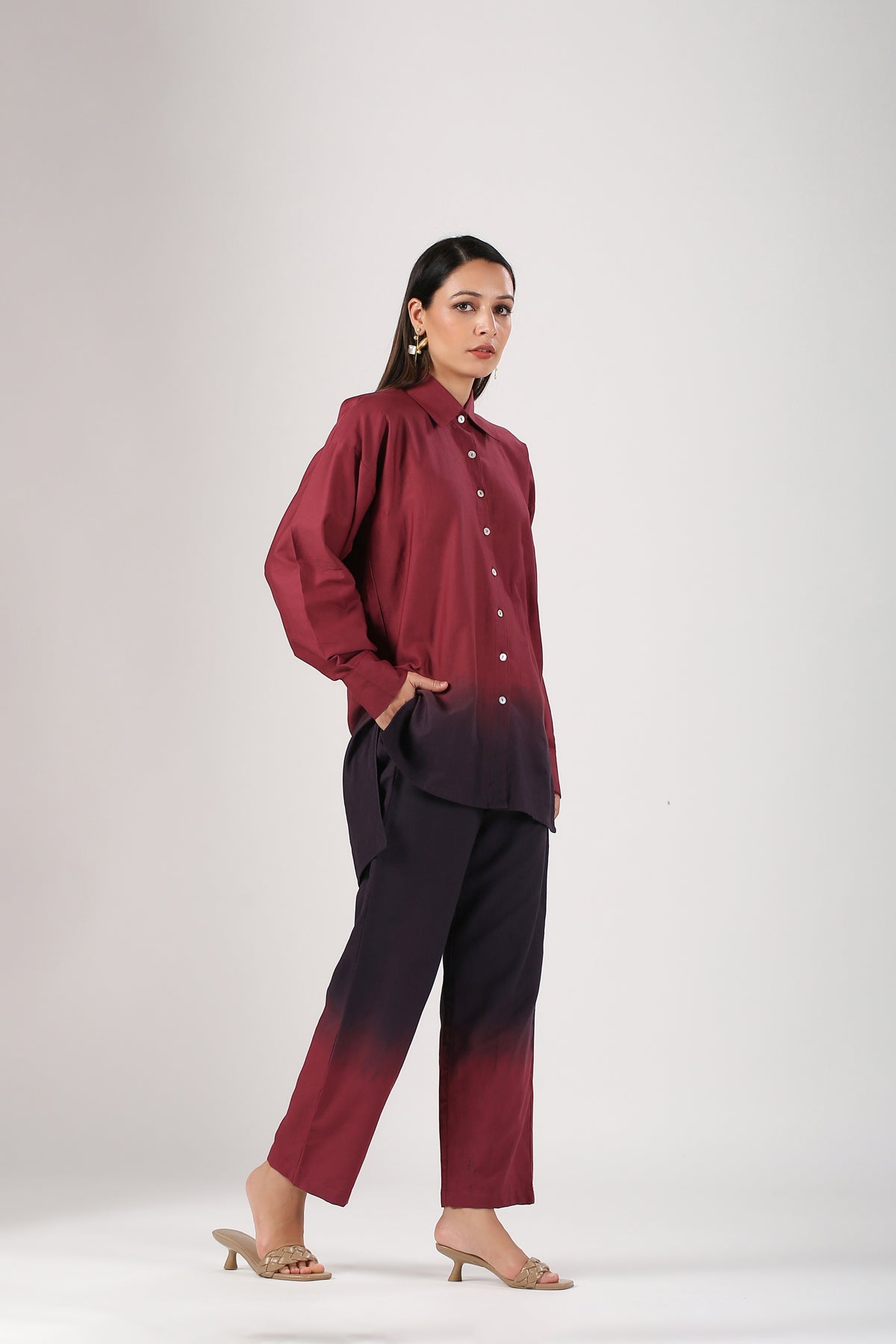 Maroon Ombre Co Ord Set by MOH-The Eternal Dhaga with 100% pure cotton, Cotton, Maroon, Moh-The eternal Dhaga, Multicolor, Natural, Office Wear, Office Wear Co-ords, Ombre and Dyes, Regular Fit, Womenswear at Kamakhyaa for sustainable fashion