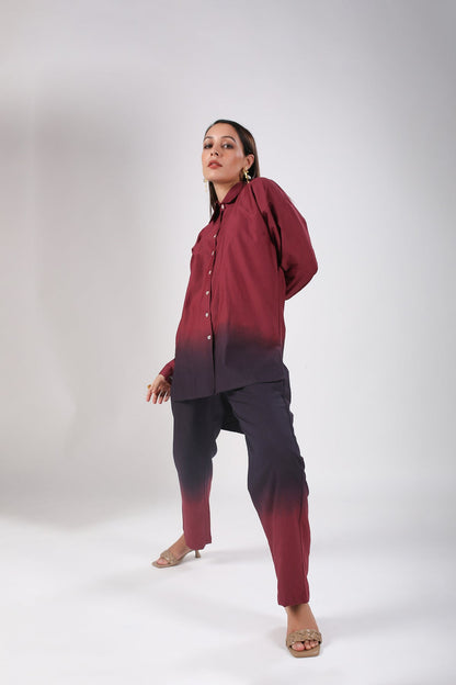 Maroon Ombre Co Ord Set by MOH-The Eternal Dhaga with 100% pure cotton, Cotton, Maroon, Moh-The eternal Dhaga, Multicolor, Natural, Office Wear, Office Wear Co-ords, Ombre and Dyes, Regular Fit, Womenswear at Kamakhyaa for sustainable fashion