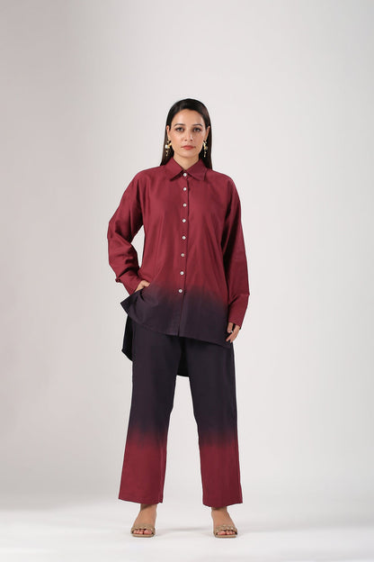 Maroon Ombre Co Ord Set by MOH-The Eternal Dhaga with 100% pure cotton, Cotton, Maroon, Moh-The eternal Dhaga, Multicolor, Natural, Office Wear, Office Wear Co-ords, Ombre and Dyes, Regular Fit, Womenswear at Kamakhyaa for sustainable fashion